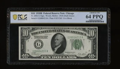 DBR 1928-B $10 DGS FRN Chicago Fr. 2002-Gdgs PCGS-B 64 PPQ Serial G26864210A - Image 1 of 2