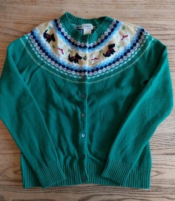 Cardigã suéter feminino LL Bean Scottie Dog 100% lã de cordeiro verde ilha justa tamanho M - Imagem 1 de 4