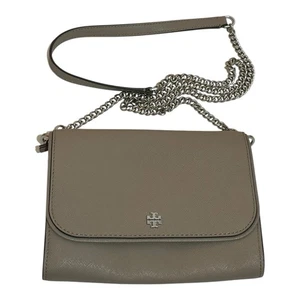 Tory Burch Emerson Saffiano Leather Chain Wallet Crossbody Bag  Gray Chalk NWT - Picture 1 of 4