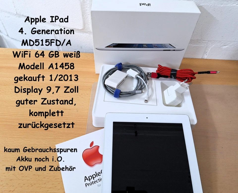 IPAD 4. Generation, OVP, guter Zustand Modell MD515FD/A 64GB WiFi A1458 - Bild 1 von 4