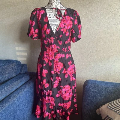 Vestido Vaina Floral Milly Katia Volantes Seda Manga Abullonada Formal Rojo Negro Rosa S Foto 1 de 4