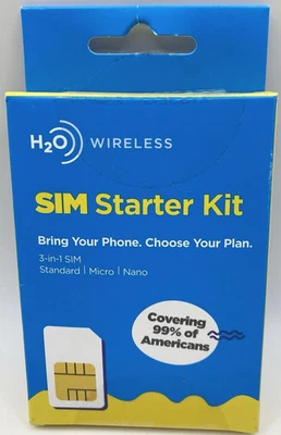 Kit de inicio SIM H20 inalámbrico 3 en 1 SIM ESTÁNDAR MICRO NANO ¡NUEVO SELLADO! Foto 1 de 2