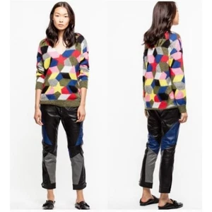 Zadig & Voltaire Diane Intarsia Mohair Sweater XS Multi Fuzzy Knit Pullover Cozy - Picture 1 of 9