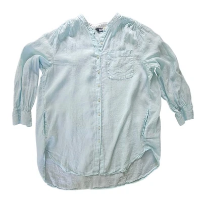 Camisa de vestir Lands' End lino pastel azul azulado bolsillos cuello manga larga talla 1X Foto 1 de 4