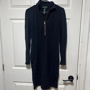 Lauren Ralph Lauren On The Town Black Long Sleeve Dress Lamb Leather Trim Size 2 - Bild 1 von 9