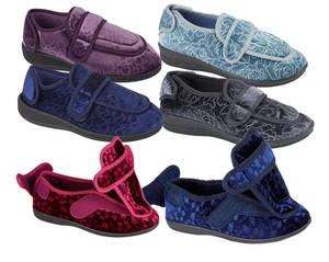 LADIES LUXURY WIDE FIT COMFORT SLIPPER HOME HOSPITAL  RIP TAPE FASTENING - Picture 1 of 17