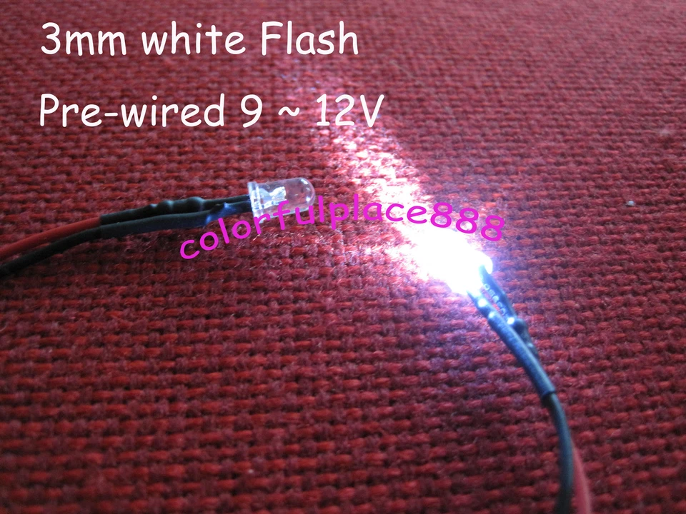 100pcs 3mm White Flash Flashing 9V 12V DC Pre-Wired Water Clear LED Leds 20CM - Image 1 of 1
