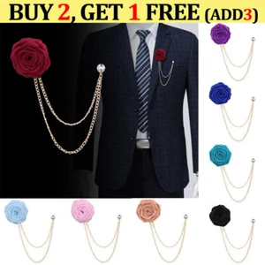 Mens Rose Brooch Flower Brooch Boutonniere Suit Lapel Wedding Pin Tassel Chain - Picture 1 of 95
