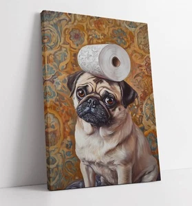 ÖLFARBE STIL MOPS HUND LUSTIGE BADEZIMMERKUNST - GERAHMTE LEINWAND WANDBILD BILD DRUCK - Bild 1 von 2