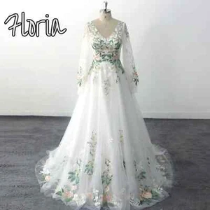 Lowime Forest Fairy Long Wedding Dress Lace Wedding Dress With 3D Floral Appliue - Picture 1 of 20