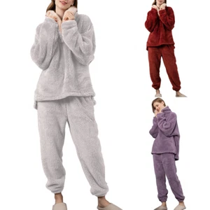 Women's Fuzzy Pajama Sets 2 Piece Pjs Cozy Fleece Long Sleeve Pullover Pants Set - Picture 1 of 13