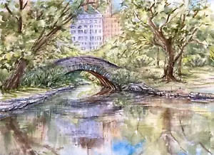 Central Park Watercolor Original Painting Bridge Lake Landscape - Picture 1 of 1