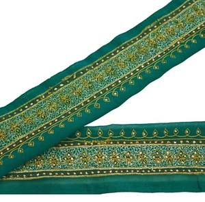 Vintage Green Sari Border Hand Embroidered Indian Craft Trim Lace Sewing Ribbon - Picture 1 of 6