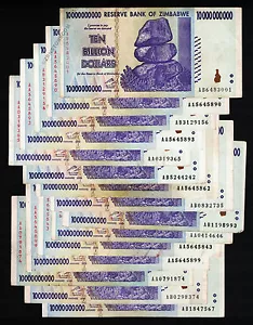 15 x 10 Billion Zimbabwe Dollars Banknotes AA AB 2008 100 % Authentic Currency - Picture 1 of 3