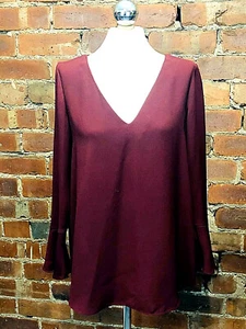 River Island Deep Red Blouse V Neck Size 12 Lagenlook Boho Draped Fluted Sleeves - Picture 1 of 7