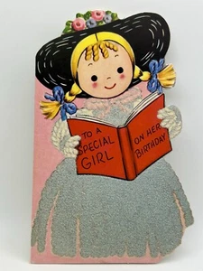 Tarjeta de felicitación flocada vintage niña trenzas vestido sombrero de paja libro cumpleaños - Imagen 1 de 4