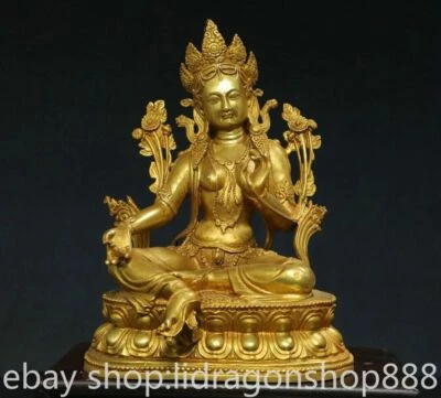 Estatua de diosa Tara Guan Yin verde budismo dorado cobre chino antiguo de 14" Foto 1 de 4
