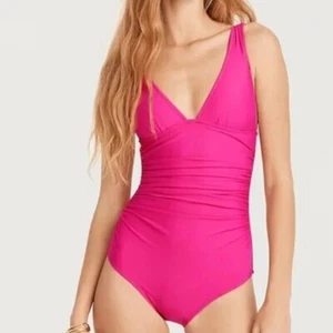 J. CREW geraffter V-Ausschnitt Einteiler Badeanzug Damen 10 Radiant Fuchsia Strand NEU - Bild 1 von 7