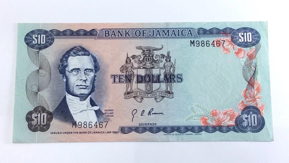1960 Bank of Jamaica 10 Dollar Crisp Almost Uncirculated Banknote M Series H172 - Image 1 of 4