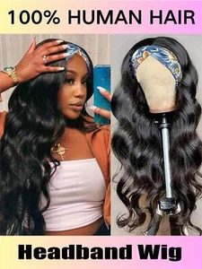 200% Density Body Wave Headband Wig 18in Brazilian Human Hair for Women - Picture 1 of 12