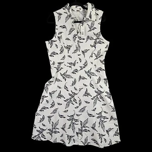 Hemdkleid Tahari Größe 12 weiß Leinenmischung Kragen ärmellos schwarz Blätterdruck - Bild 1 von 12