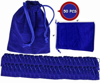 Bolsas de regalo de terciopelo de 50 piezas de 4x6 pulgadas con cordón bolsas de joyería bolsa de color azul Foto 1 de 4