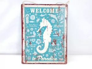 Metal Welcome Sign Seahorse & Mermaid Weathered Look 13"x10" Beach Nautical - Picture 1 of 4