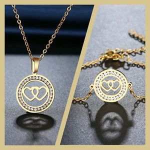 Golden Love Hearts crystal Round Necklace Bracelet Set 316L S.Steel - Picture 1 of 5