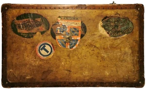 SCARCE 1920'S ANTIQUE HAND NAILED LEATHER HARD SUITCASE, W/PARIS TRAVEL STICKERS - Picture 1 of 23