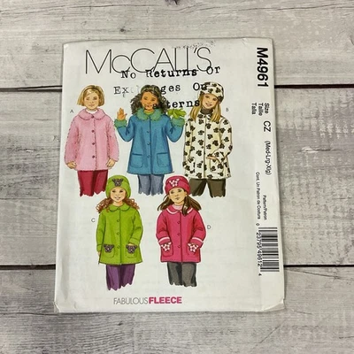 McCalls 4961 Sewing Pattern Fleece Jacket Coat Hat Girls Child M-XL UNCUT - Image 1 of 4