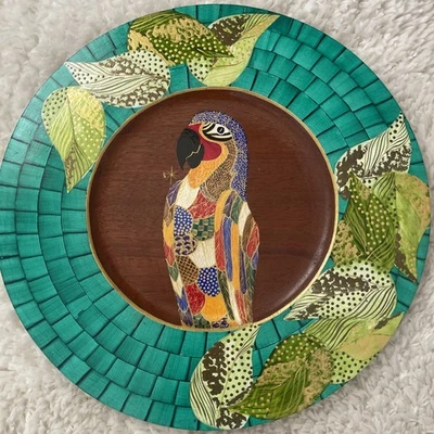 Bandeja Cargador Placa Madera Caoba Loro Pintado Artesanal Bibi Leon Firmado Foto 1 de 4