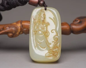 Collezione Hotan Giada Artigianale Intagliato Statua Ciondolo Amuleto Charm Dea Misericordia - Foto 1 di 9