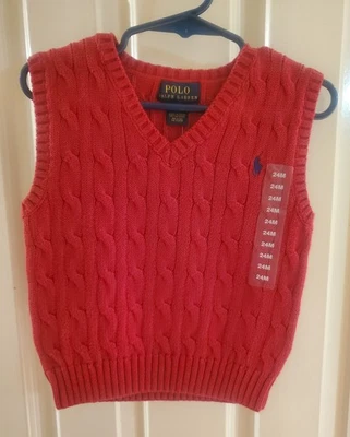 NUEVO CON ETIQUETAS 24m Polo Ralph Lauren Bebé Niño Cable Tejido Suéter Chaleco Navidad Vacaciones Rojo Foto 1 de 4