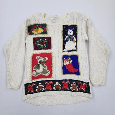 Suéter informal de esquina feo de Navidad muñeco de nieve vacaciones tejido a mano suéter talla mediana Foto 1 de 4