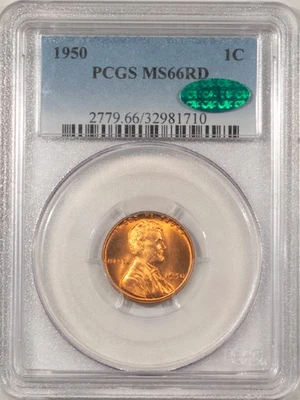 1950 LINCOLN CENT - PCGS MS-66 RD, FRESH RED! PREMIUM QUALITY! CAC APPROVED! - Image 1 of 3