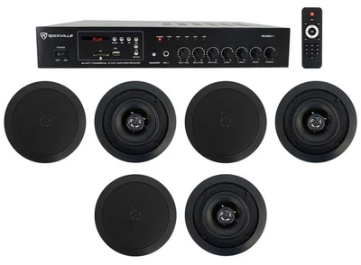 Rockville Commercial Amplifier+6) 5.25" 2Way Black Ceiling Speakers 4 Restaurant Foto 1 de 4