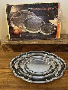 Juego de 3 bandejas ovaladas elegantes vintage de mediados de siglo cromadas brillantes #A2 - Imagen 1 de 10