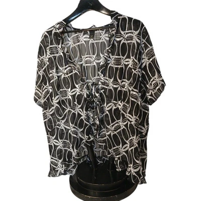 Lane Bryant 26/28 Black White Sheer Ruffled Swimsuit Coverup Geometric Design - Image 1 of 4