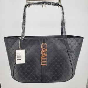 Cavalli Class Sandra Shopper Tote Bag Black Debossed Designer Handbag - Picture 1 of 10