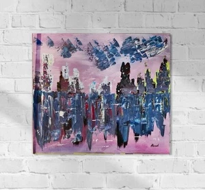 ⚠️Orig. Aboudi – urbane Spiegelung Violett, Modern Acryl Malerei 60x50,Abstrakt - Bild 1 von 12
