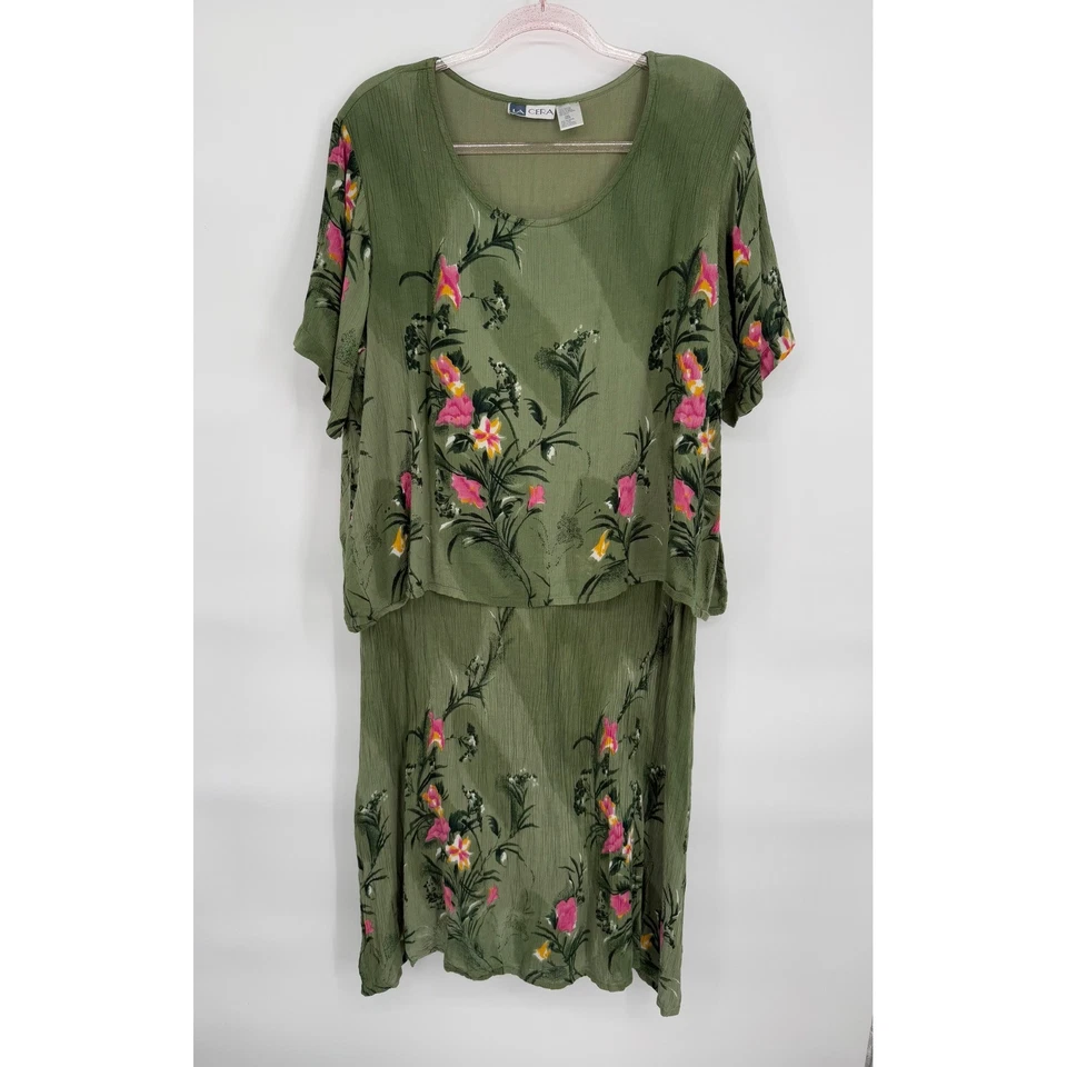 La Cera Women's Sz 2XL Vintage Olive Green Floral Print Rayon Dress - Image 1 of 4