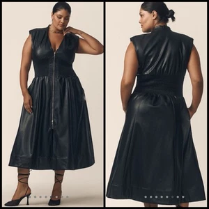 Anthropologie Tommie Smocked Front-Zip Faux Leather Shirt Dress 3X Plus Black - Picture 1 of 21