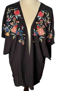 Kimono Oberteil Damen S schwarz Blumen bestickt offen Cardigan Western Boho Oversize - Bild 1 von 11