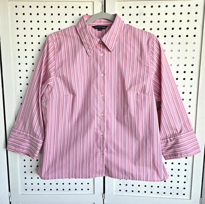 Lands End Pink Striped Oxford Shirt Button Front 3/4 Sleeve Womens SIZE 14 P - Image 1 of 4