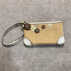 Vintage Coach Stroh Leder Kalbsleder Geldbörse Beige Blume 8" Goldrand Anhänger - Bild 1 von 14