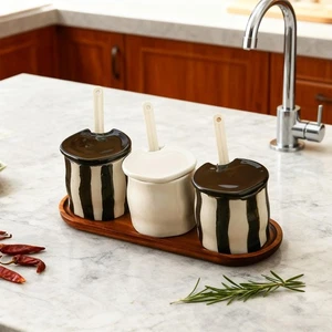 Porcelain Condiment Jars Round with Tray for Household Restaurant Countertop - Picture 1 of 6