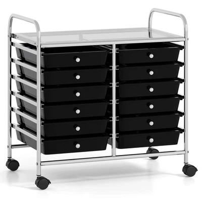 12 Drawers Rolling Cart Storage Scrapbook Paper Studio Organizer Bins Black - Image 1 of 4