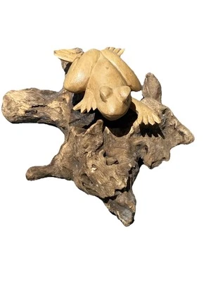 RANA SOBRE BASE RAÍZ MADERA A LA DERIVA MADERA TALLADA A MANO NÁUTICA Foto 1 de 3