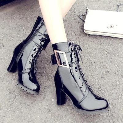 Women Buckle Strap Lace Up Zip Block Heel Mid Calf Boots Patent Leather Boots - Image 1 of 4