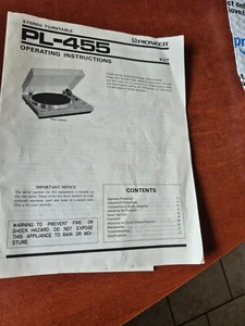 Pioneer PL-455 Plattenspieler Betriebsanleitung Handbuch Original Selten - Bild 1 von 4